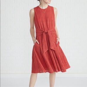 Amour Vert Anouk Orange-Red Eyelet Sleeveless Dress with Tie Waist (Size S)